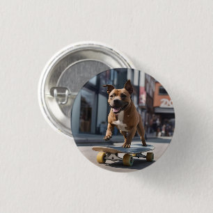 Staffy Skateboarder, 1 Inch Round Button