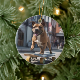 Staffy Skateboarder,  Ceramic Ornament