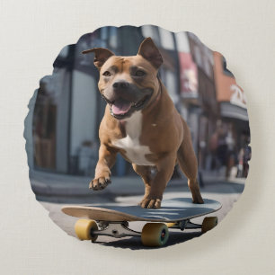Staffy Skateboarder, Round Pillow