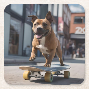 Staffy Skateboarder, Square Paper Coaster