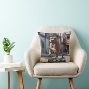 Staffy Skateboarder, Throw Pillow
