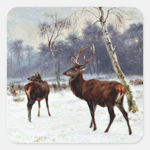 Stag and Doe in a Snowy Landscape Square Sticker