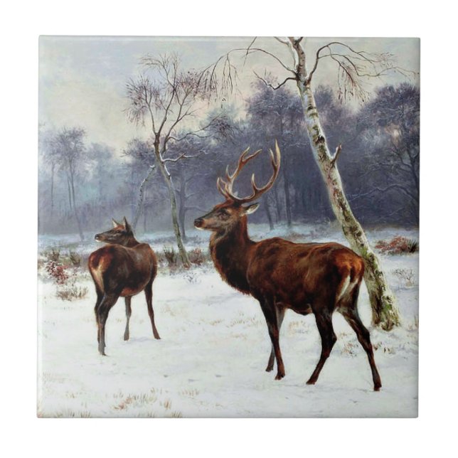 Stag and Doe in a Snowy Landscape Tile (Front)