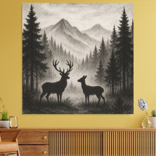 Stag and Doe in Misty Forest Canvas Print