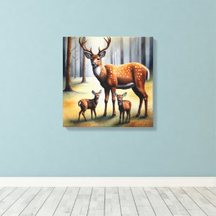 Stag And Fawns In Forest Wild Animals Canvas Print