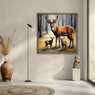 Stag And Fawns In Forest Wild Animals Poster