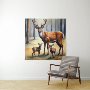 Stag And Fawns In Forest Wild Animals Tapestry