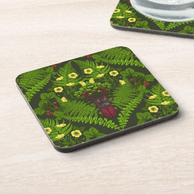 Stag beetle and ferns, green leaves coaster (Left Side)