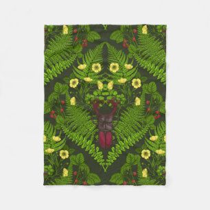Stag beetle and ferns, green leaves fleece blanket