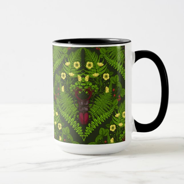 Stag beetle and ferns, green leaves mug (Right)