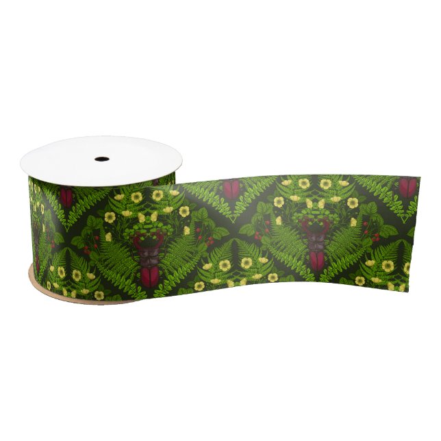 Stag beetle and ferns, green leaves satin ribbon (Spool)