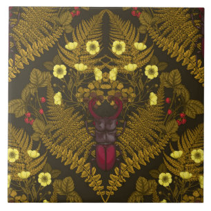 Stag beetle and ferns, green leaves tile