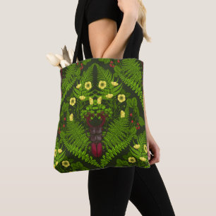 Stag beetle and ferns, green leaves tote bag