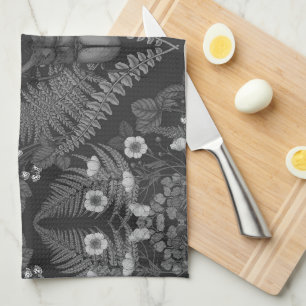 Stag beetle and ferns, in black and white kitchen towel