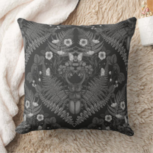 Stag beetle and ferns, in black and white throw pillow