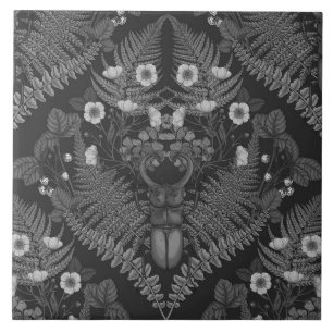 Stag beetle and ferns, in black and white tile
