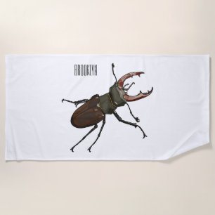 Stag beetle cartoon illustration beach towel