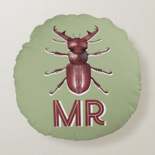 Stag Beetle Custom Monogram Insect Art Round Pillow