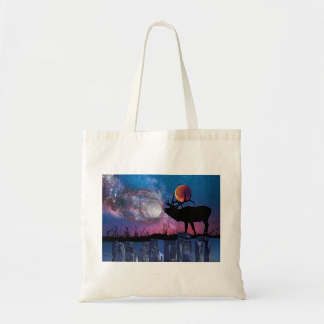 Stag Cradling Autumn Moon in Antlers Canvas Tote (Front)