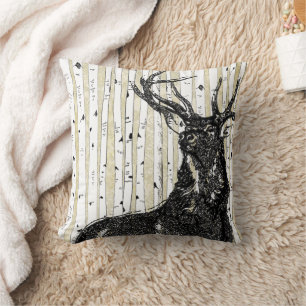 Stag Deer and Damask Birch Tree Pillow