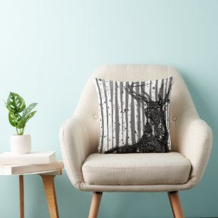 Stag Deer Linen Texture Birch Tree Pillow