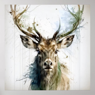 Stag Deer Portrait Animal Painting Wildlife Forest Poster