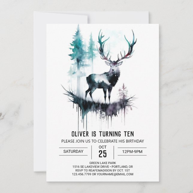 Stag Enchanted Greenery Adventure Birthday Invitation (Front)