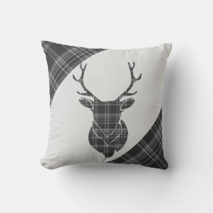 Stag Head and Grey Tartan Pattern Throw Pillow