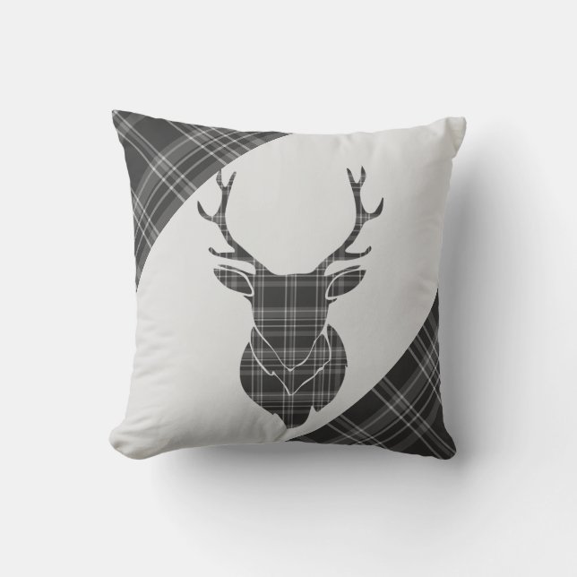 Stag Head and Grey Tartan Pattern Throw Pillow (Front)