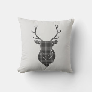 Stag Head and Grey Tartan Pattern Throw Pillow