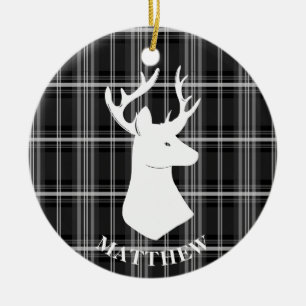 Stag Head on Black and White Plaid Ceramic Ornament