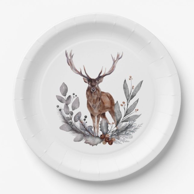 Stag Holly Berries Leaves  Paper Plate (Front)