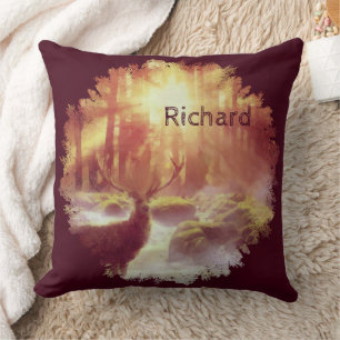 Stag in Misty Forest at Golden Sunrise Throw Pillow