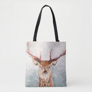 Stag In Snow Painting Tote Bag