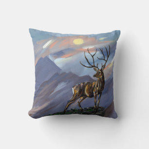 Stag on the mountain by moonlight - Abstract paint Throw Pillow