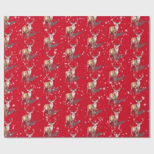 Stag Reindeer First Snowfall Christmas Holiday Red Wrapping Paper