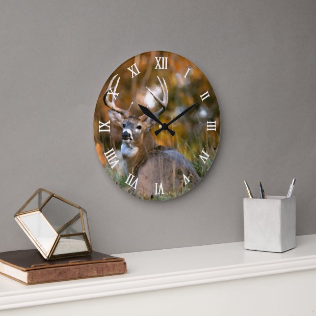 Stag Resting in Autumn Field Large Clock (Office)