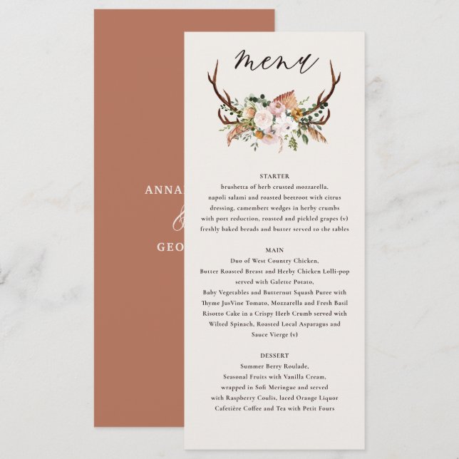 stag rust terracotta wedding menu elegant floral (Front/Back)