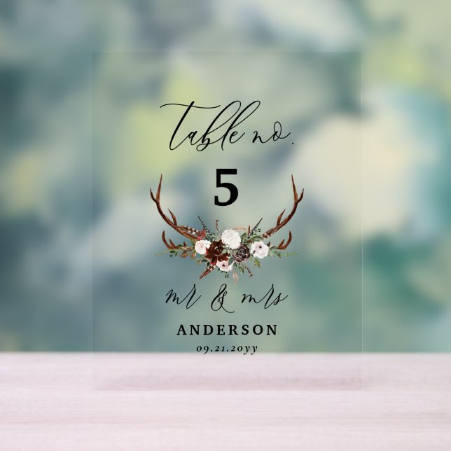 Stag rustic barn wedding mr & mrs table number acrylic sign (Neutral)
