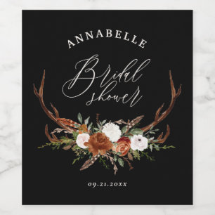 Stag rustic black rust botanical bridal shower cla wine label