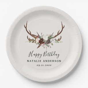 Stag rustic botanical fall barn birthday party  paper plate