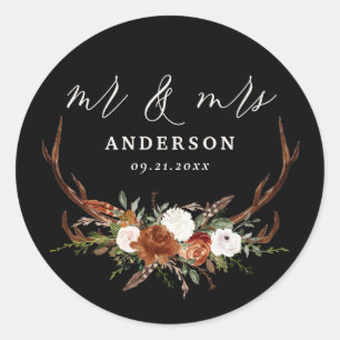 Stag rustic botanical wedding black terracotta classic round sticker