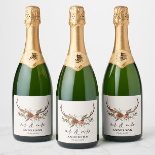 Stag rustic botanical wedding mr and mrs script  c sparkling wine label