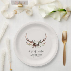 Stag rustic botanical wedding mr and mrs script na paper plate
