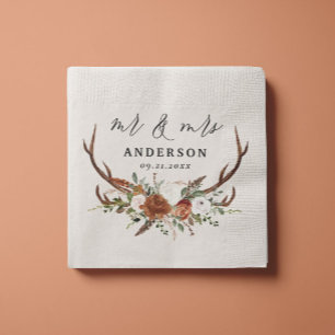 Stag rustic botanical wedding mr and mrs script napkin