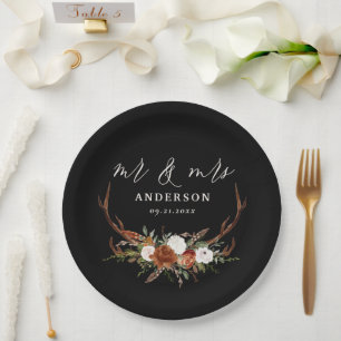 Stag rustic botanical wedding mr and mrs script pa paper plate
