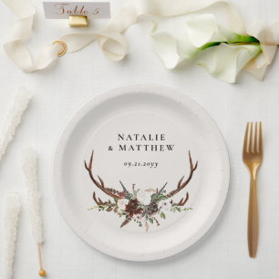 Stag rustic botanical wedding mr and mrs script paper plate