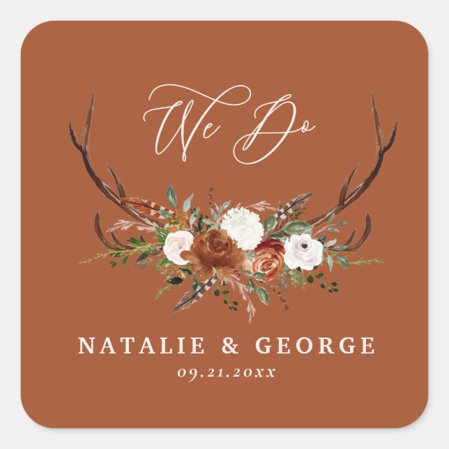 Stag rustic botanical wedding terracotta botanical square sticker (Front)
