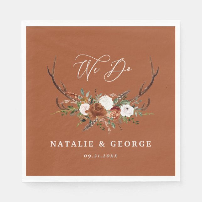 Stag rustic botanical wedding terracotta floral napkin (Front)