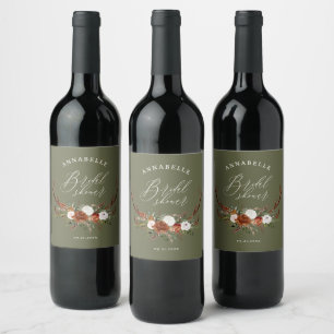 Stag rustic sage green botanical bridal shower cha wine label